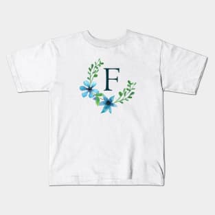 Floral Monogram F Pretty Blue Flowers Kids T-Shirt